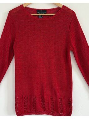 Carole Little Red Open Knit Sweater M Lace Hem Lightweight Semi Sheer NWT